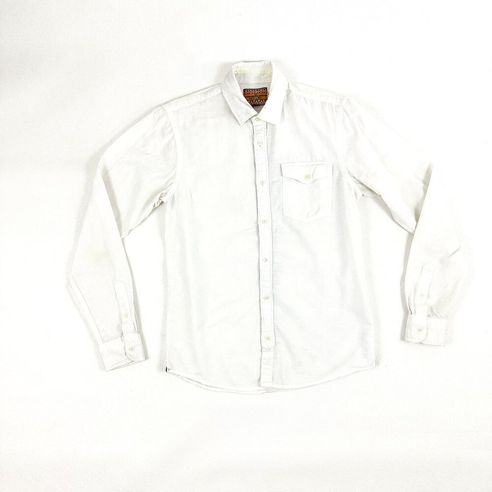 Scotch & Soda White Linen Button Up Shirt / Neon Yellow Details / Small / S / LS